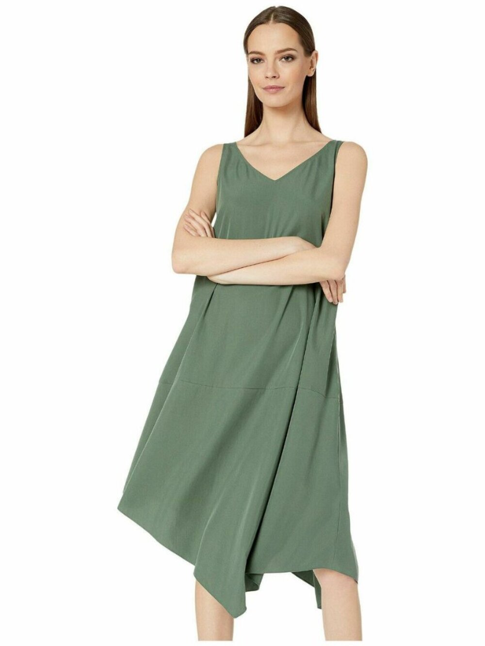 Eileen Fisher Asymmetrical Shift Dress XL Nori Green Tencel Minimalist Midi